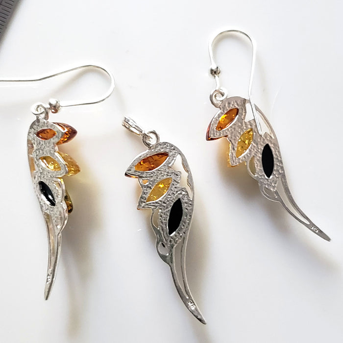 Angel Wings Earrings Pendant Set / Sterling Silver with Amber BuyRussianGifts Store