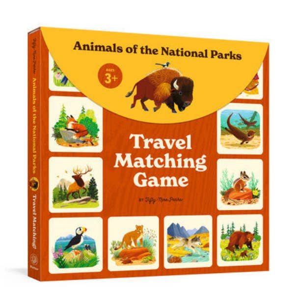 Travel Matching Game box titled Animals of the National Parks with illustrated wildlife on an orange cover.
