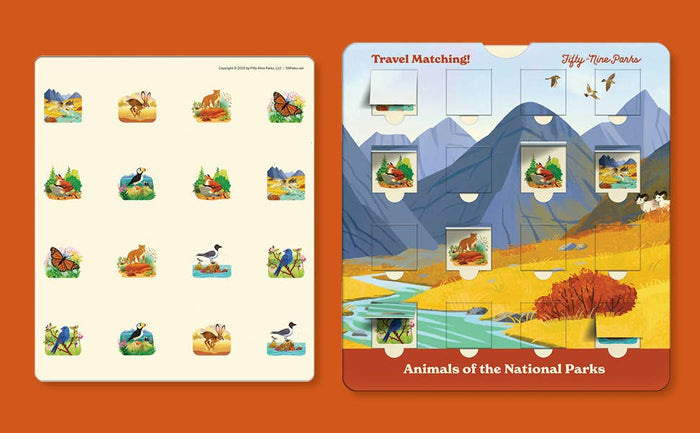 Travel matching game board titled Animals of the National Parks with animal icons and a mountain landscape backdrop.