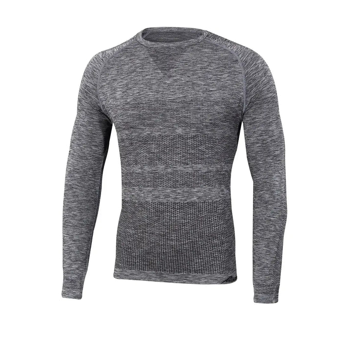 front detail of Sub Zero anti-mosquito mens summer long sleeve base layer top in grey marl photographed on a white background