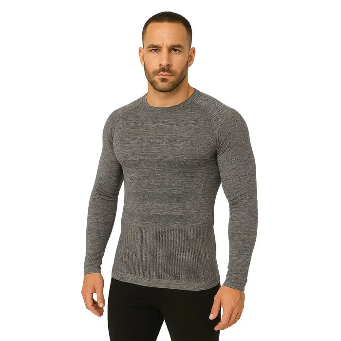 Man wearing a Sub Zero anti-mosquito mens summer long sleeve base layer top in grey marl photographed on a white background