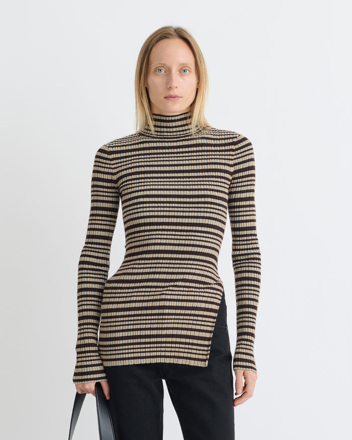 Arella - Fine Merino Rib Long Sleeved Top - Black/Brown/Green Stripe