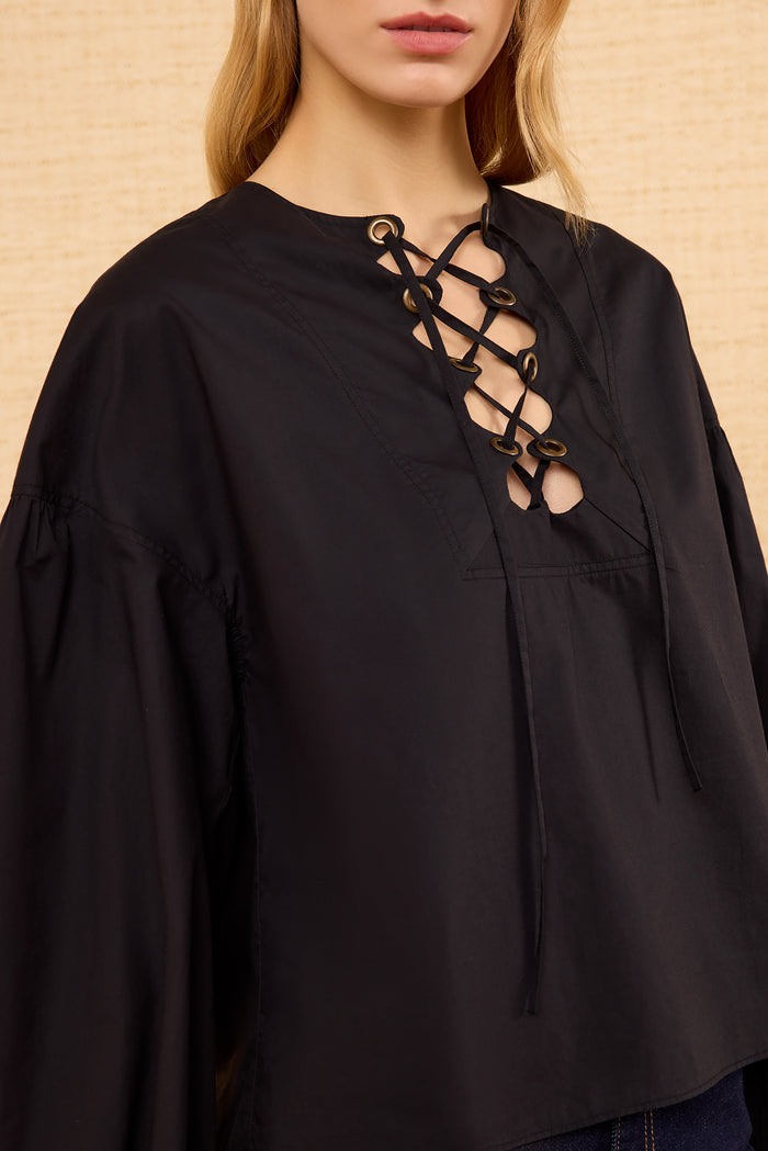 Noir Cotton Top, Brass Eyelet Lace-Up Neckline Close-Up Detail | Ulla Johnson
