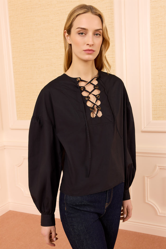 Noir Designer Cotton Top, Billowing Long Sleeves - Front Three-Quarter View | Ulla Johnson