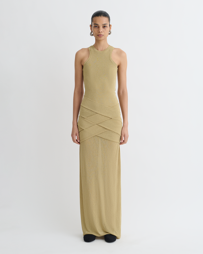 Arisa - Draped Mesh Jersey Maxi Dress - Sand