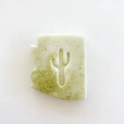 Pale green rectangular soap bar with a cactus carving design.