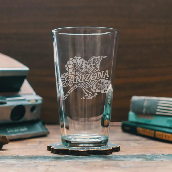 Arizona Cactus Wren pint glass featuring an etched bird and floral motif.