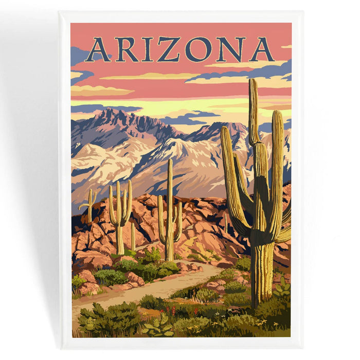 Arizona desert trail magnet depicting a desert sunset with tall cacti and distant mountains