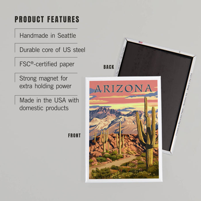 Front view of Arizona Desert Cactus Trail at Sunset magnet alongside its packaging and artwork.