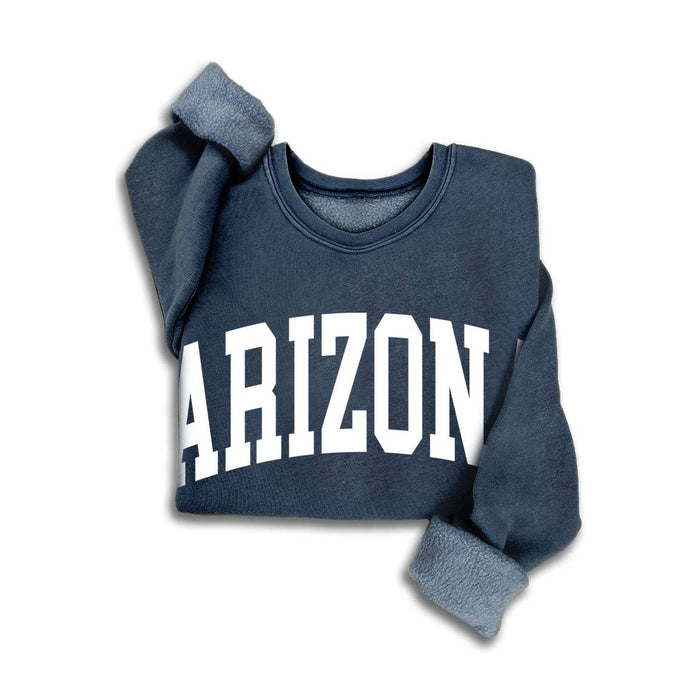Mineral navy fleece-lined sweatshirt featuring bold white ARIZONA lettering across the chest.
