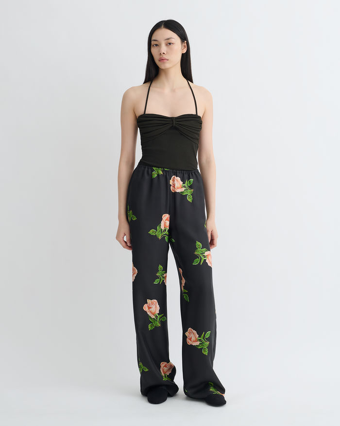 Arvenn - Printed Silk Twill Pants - Off Black/Roses