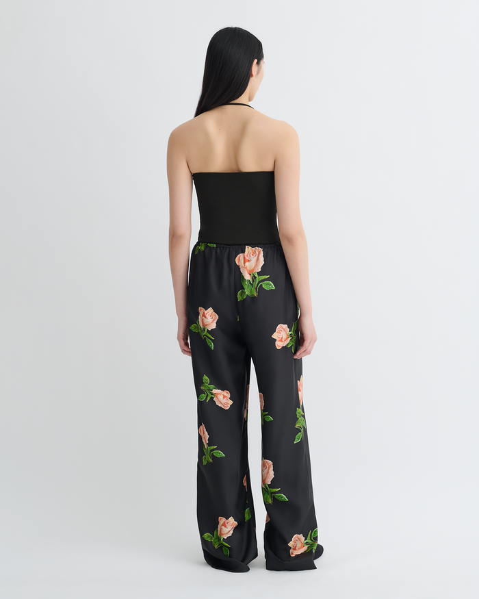 Arvenn - Printed Silk Twill Pants - Off Black/Roses