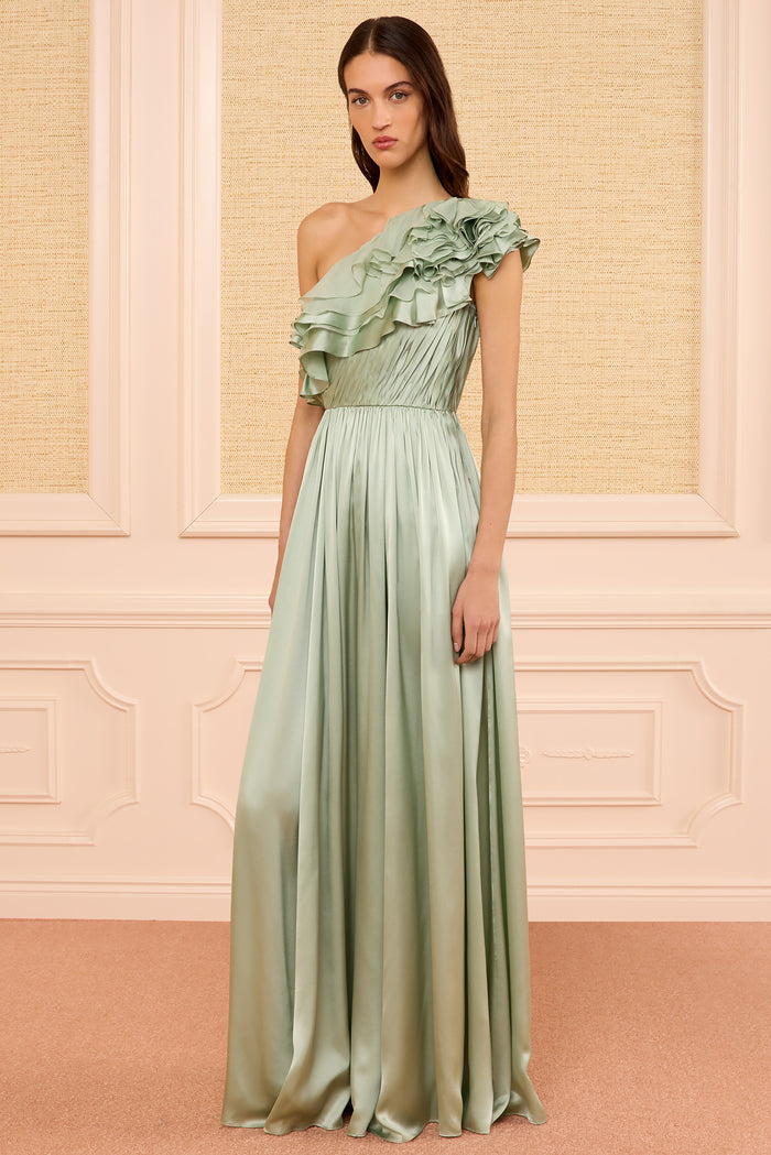 Avalina Ruffled Silk One Shoulder Gown - Celadon