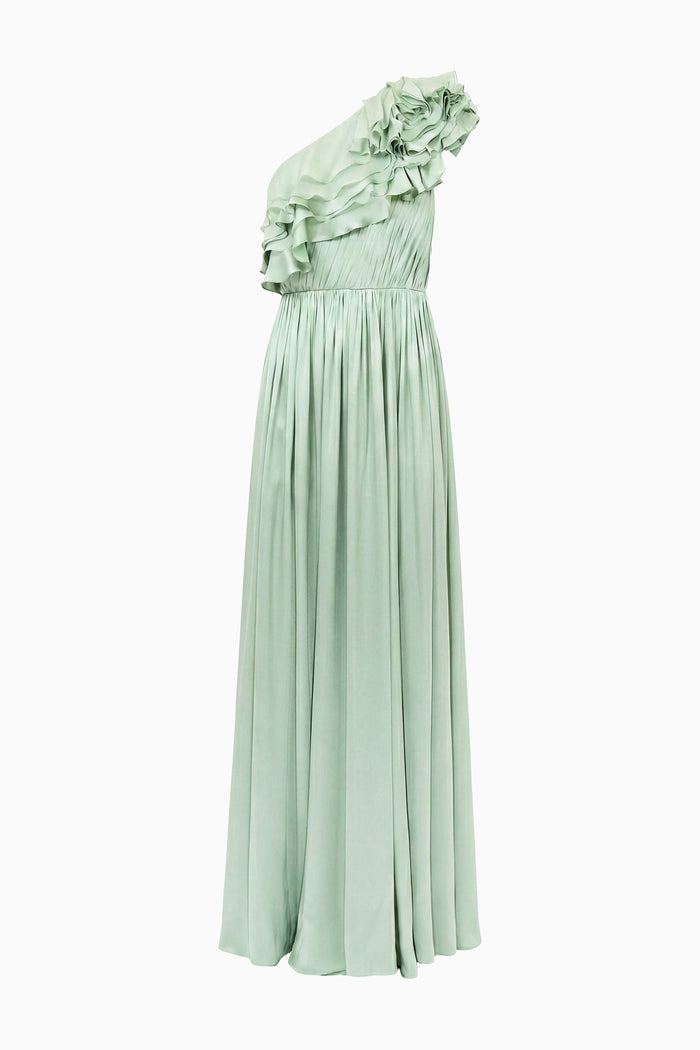 Avalina Ruffled Silk One Shoulder Gown - Celadon