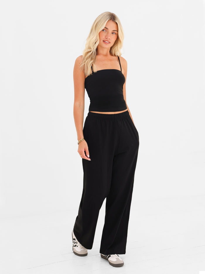 Ayla Cotton Wide Leg Trousers - Black