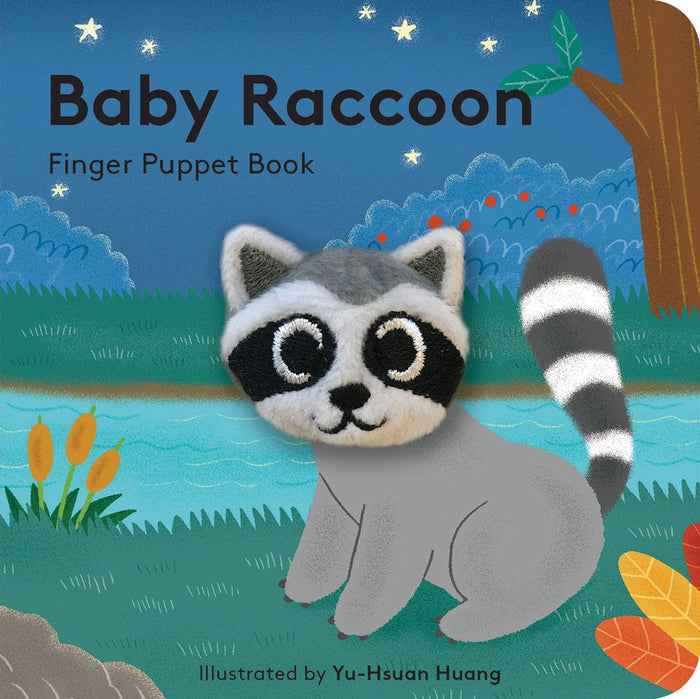 Cover of Baby Raccoon Finger Puppet Book featuring a plush raccoon finger puppet over a blue night sky and forest illustration