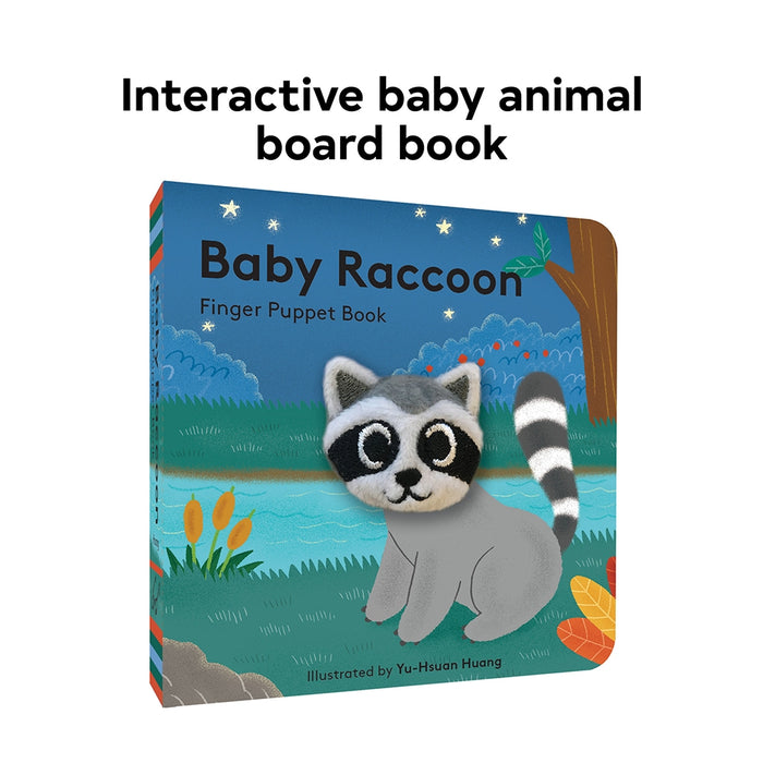 Front cover of Baby Raccoon Finger Puppet Book showing a cute raccoon in a colorful outdoor scene