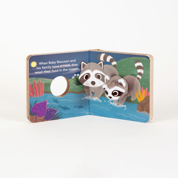 Open page spread showing two raccoons at a stream washing their food in a colorful night scene