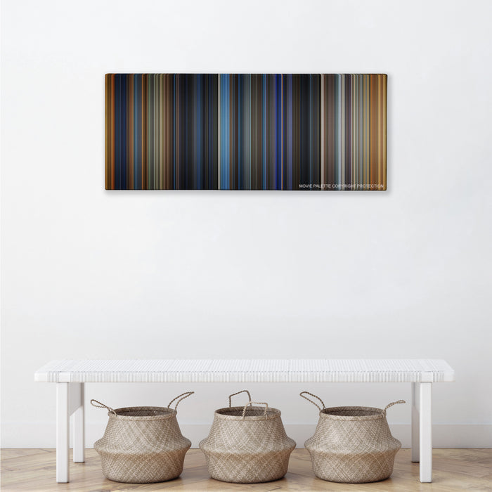 Bad Boys color palette canvas above a white bench with three woven baskets