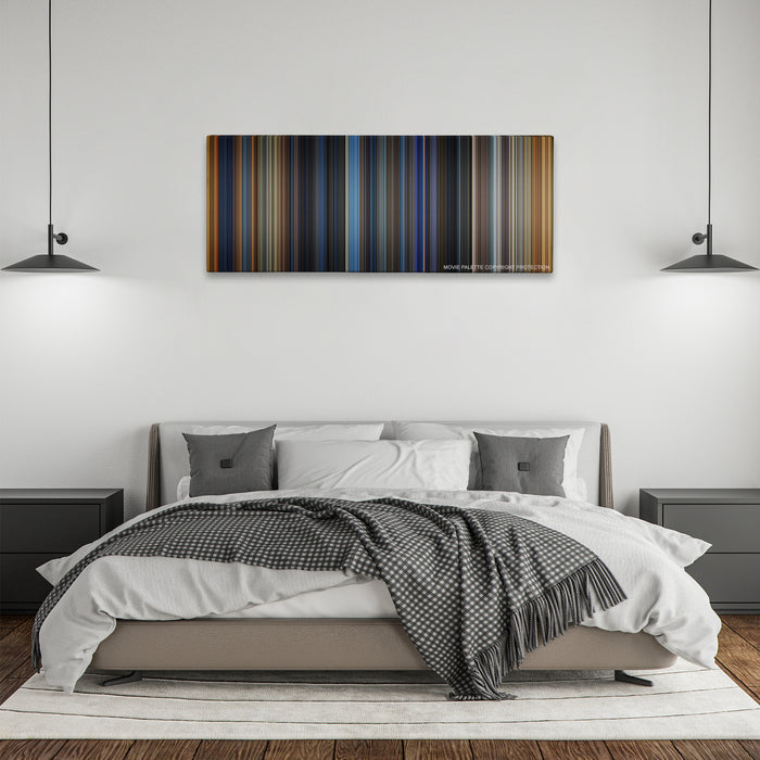 Bad Boys color palette canvas above a bed, between two black pendant lamps
