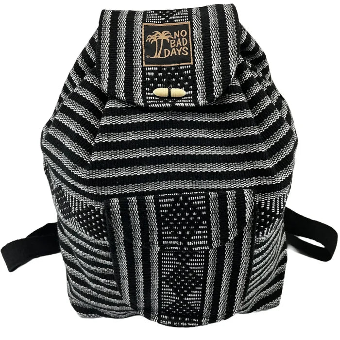 Baja Backpack black and gray woven pattern with No Bad Days palm patch on the front