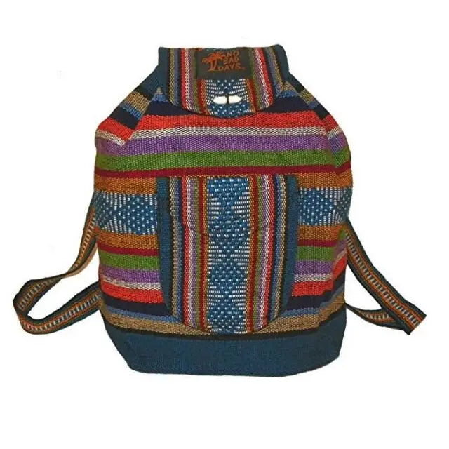 Baja Backpack multicolor woven stripes viewed from the front with a top handle.
