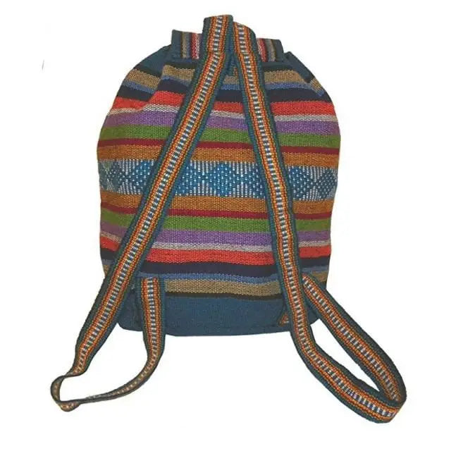 Baja Backpack back view showing multicolor woven stripes and striped adjustable shoulder straps.
