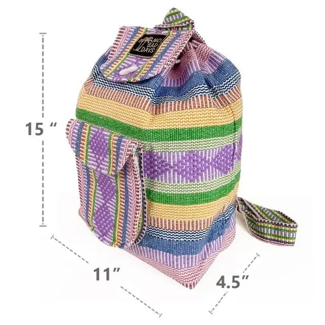 Baja Backpack with a bright multicolor striped weave and a front pocket