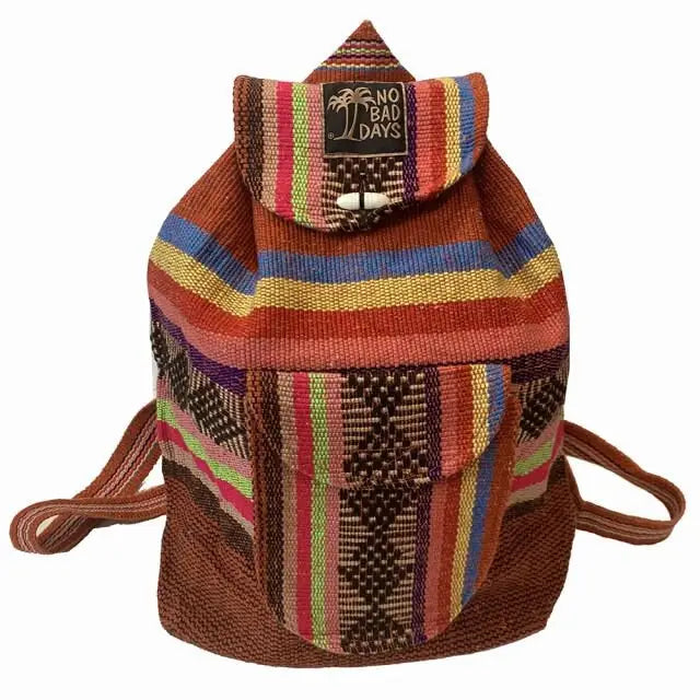 Baja Backpack in red clay tones with vibrant woven stripes and front pocket