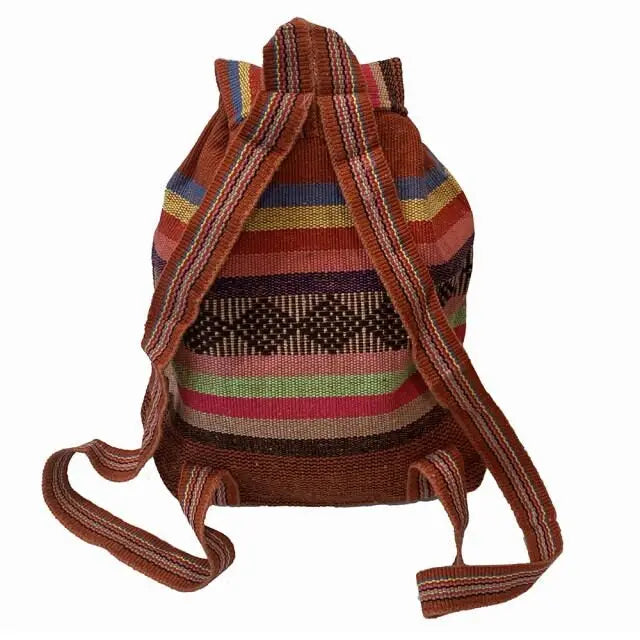 Back view of Baja Backpack in Red Clay with colorful woven stripes and long straps