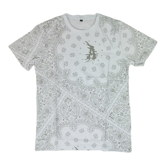 Attila white T-shirt featuring intricate light gray paisley motifs and a stylized crescent moon with stars at the center.