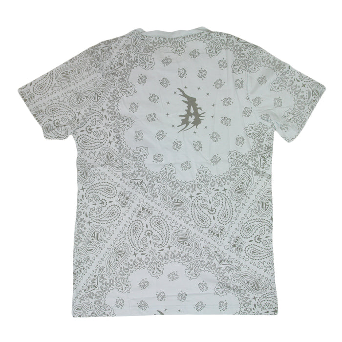 Attila white short-sleeve tee featuring a light gray paisley bandana pattern and a central back graphic of a shark surrounded by small stars.