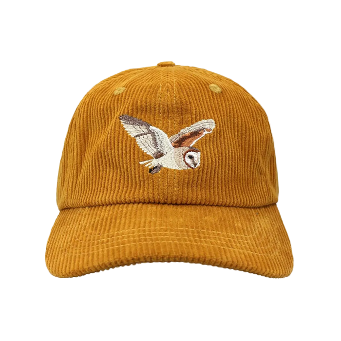 Mustard corduroy Barn Owl hat with embroidered owl on front