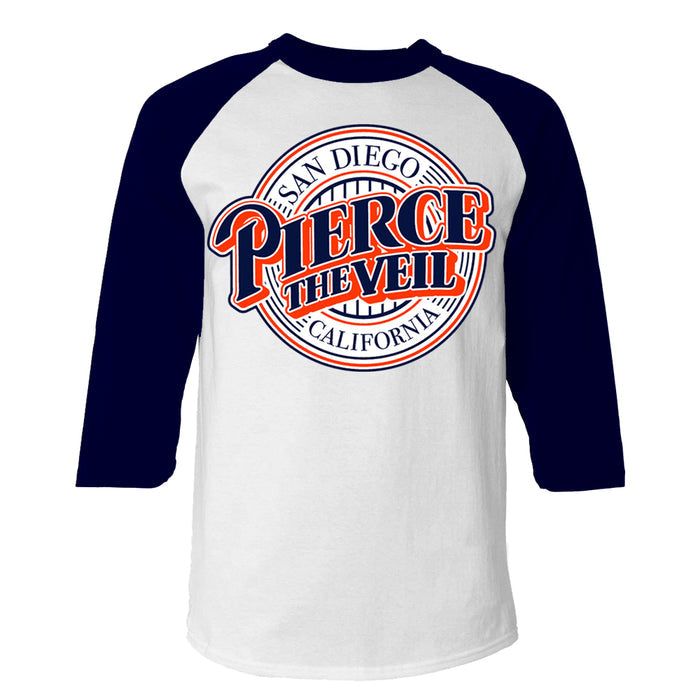 A white and navy blue raglan shirt by Pierce The Veil featuring “San Diego, California, Pierce the Veil” in bold orange and blue letters on the front.