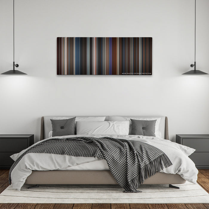 Basic Instinct color palette canvas above a bed, between two black pendant lamps