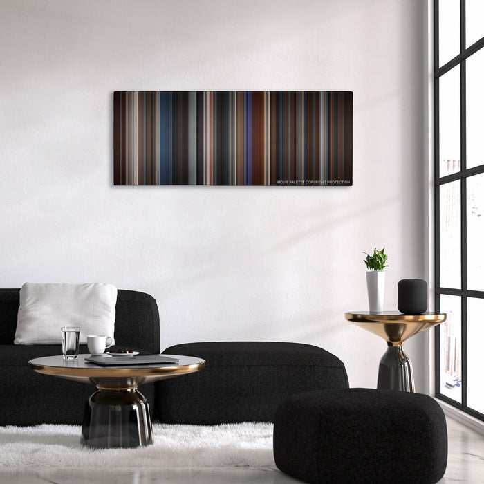 Basic Instinct color palette canvas above a black sofa with a gold-topped table