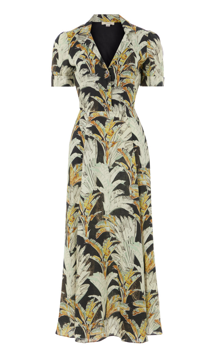 Baxter Linen Sleeved Dress - Black & Khaki