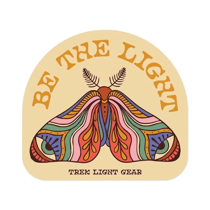 Be The Light sticker with a colorful moth design and Trek Light Gear text.