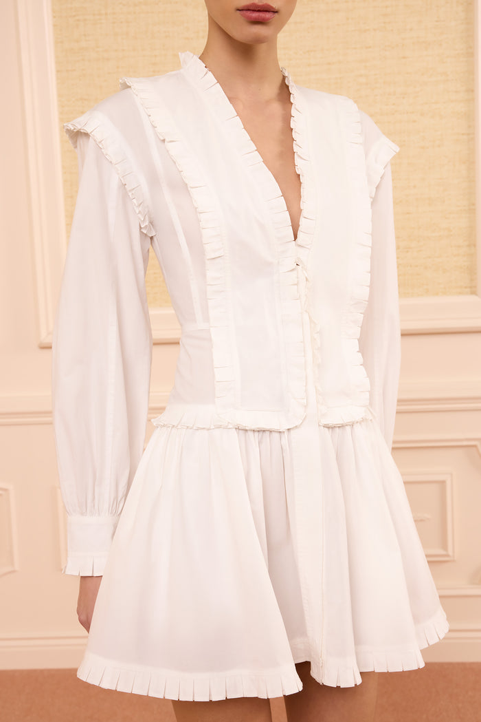 Beatrix Cotton Mini Dress Pleated Ruffle Bodice Detail, Luxury Designer - Close-Up | Ulla Johnson