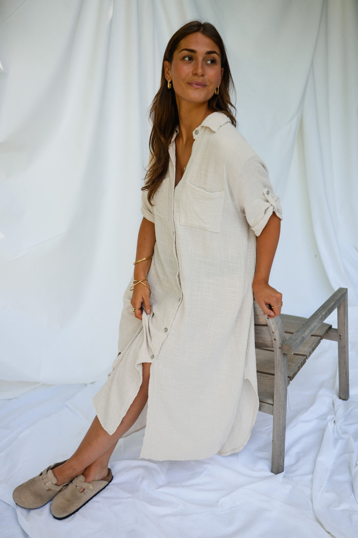 Beige Cotton Gauze Raquel Dress