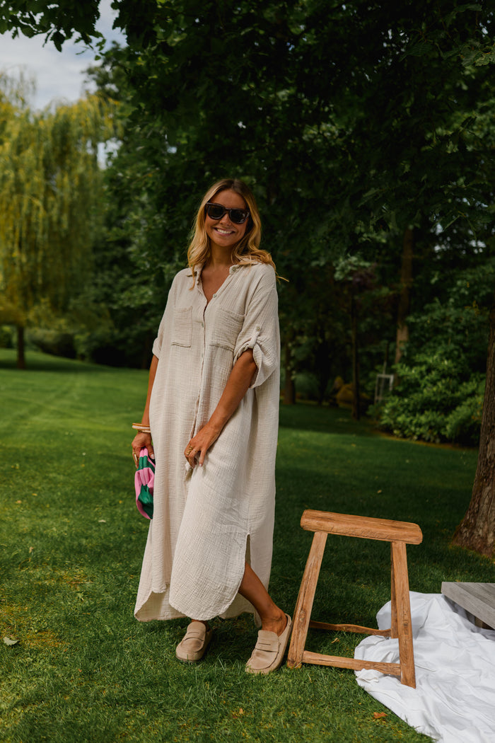 Beige Cotton Gauze Raquel Dress