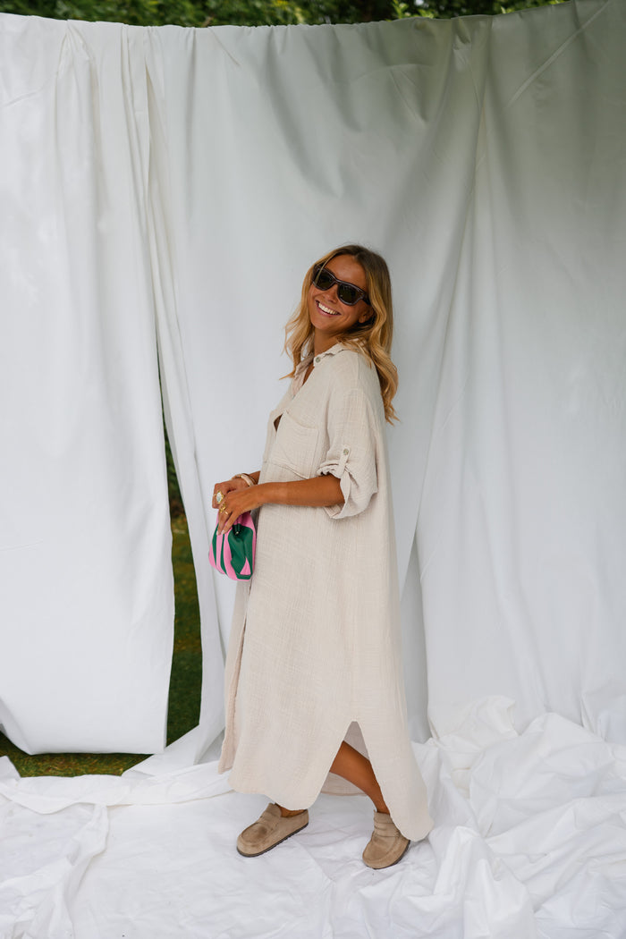 Beige Cotton Gauze Raquel Dress