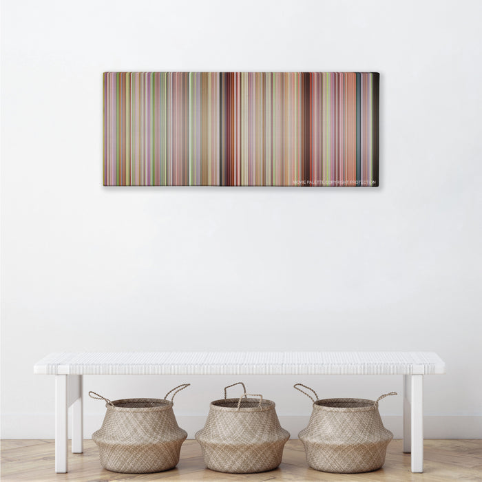 Bend It Like Beckham color palette canvas above a white bench with three woven baskets