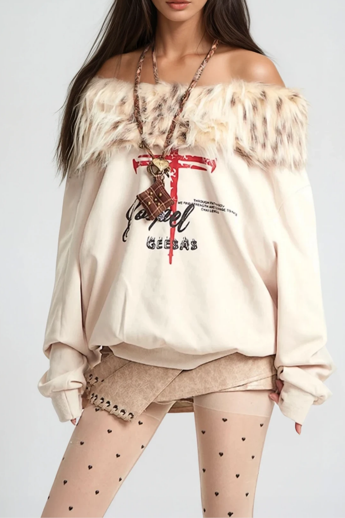 Benek Off Shoulder Faux Fur Print Top
