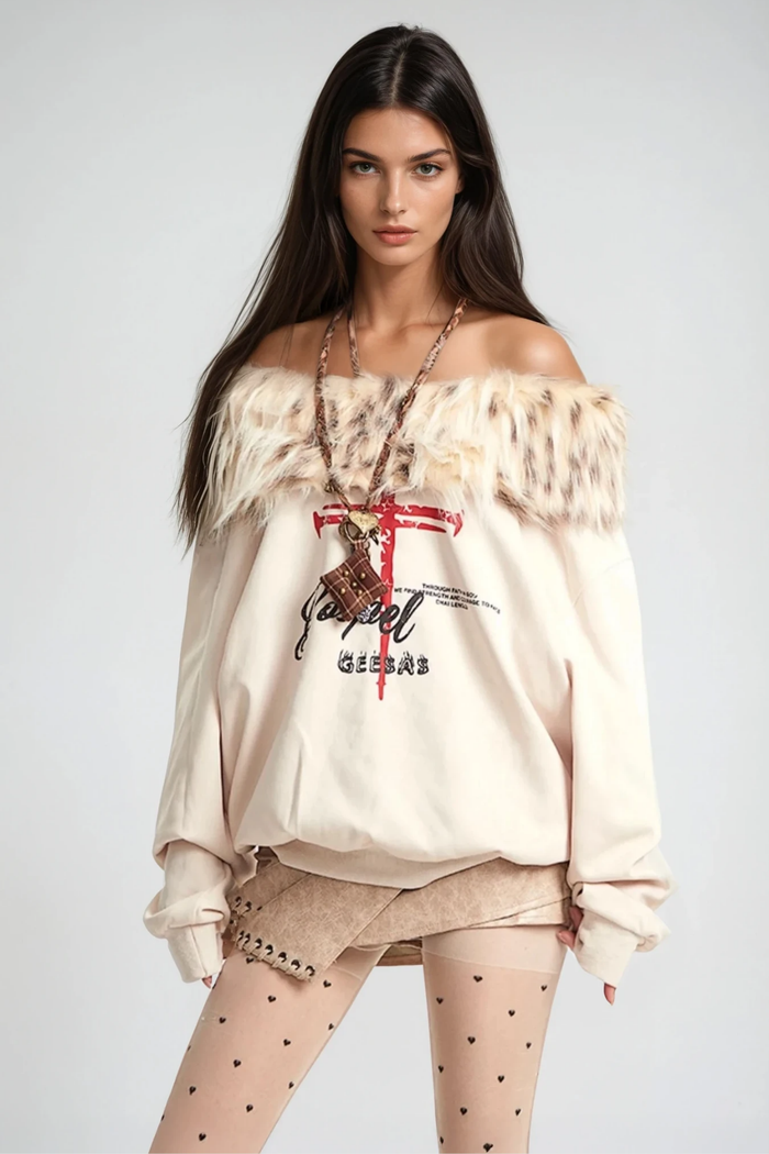 Benek Off Shoulder Faux Fur Print Top