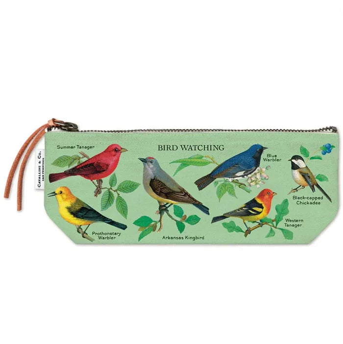 Bird Watching mini pouch in mint green with various bird illustrations and a brown zipper pull