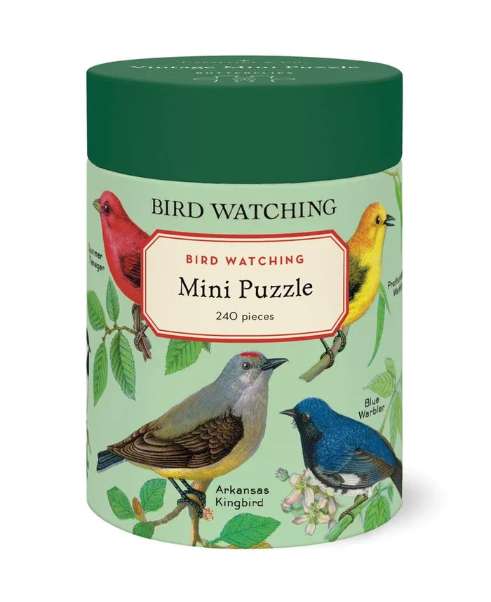 Bird Watching Mini Puzzle tin with green lid and colorful bird illustrations on a mint background