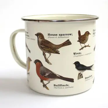 Enamel mug featuring colorful vintage bird illustrations with species names.