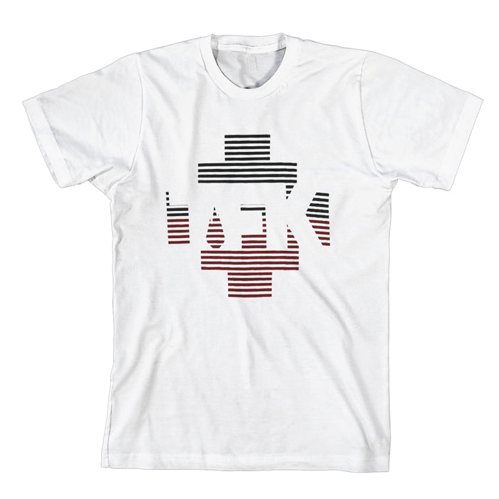 White t-shirt by Thousand Foot Krutch with a geometric design of horizontal black and red lines forming HAK and a cross-like pattern in the center.