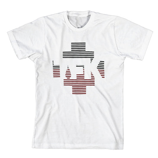 White t-shirt by Thousand Foot Krutch with a geometric design of horizontal black and red lines forming HAK and a cross-like pattern in the center.